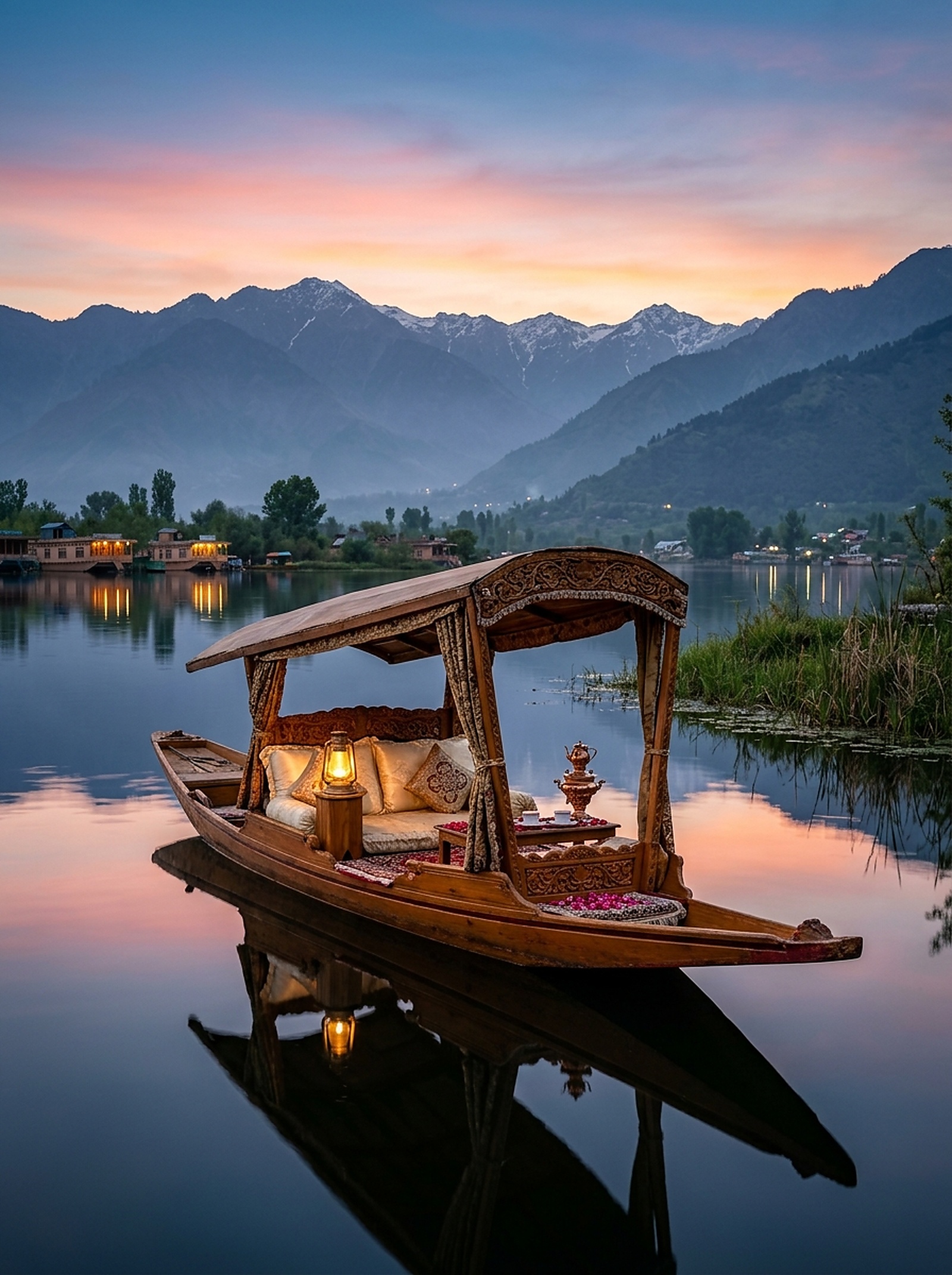 Romantic luxury Shikara wooden boat on Dal Lake Kashmir with glowing brass lantern and misty mountain reflections at sunset