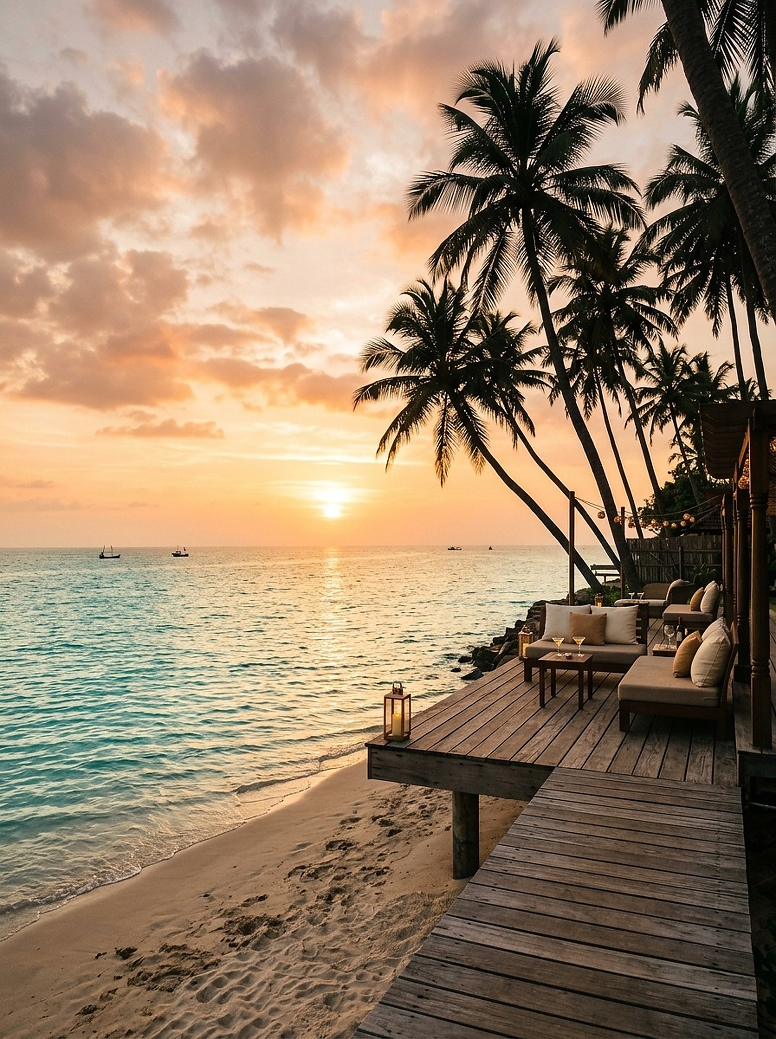 Tranquil luxury coastal sunset deck and coconut palms over warm turquoise ocean waters