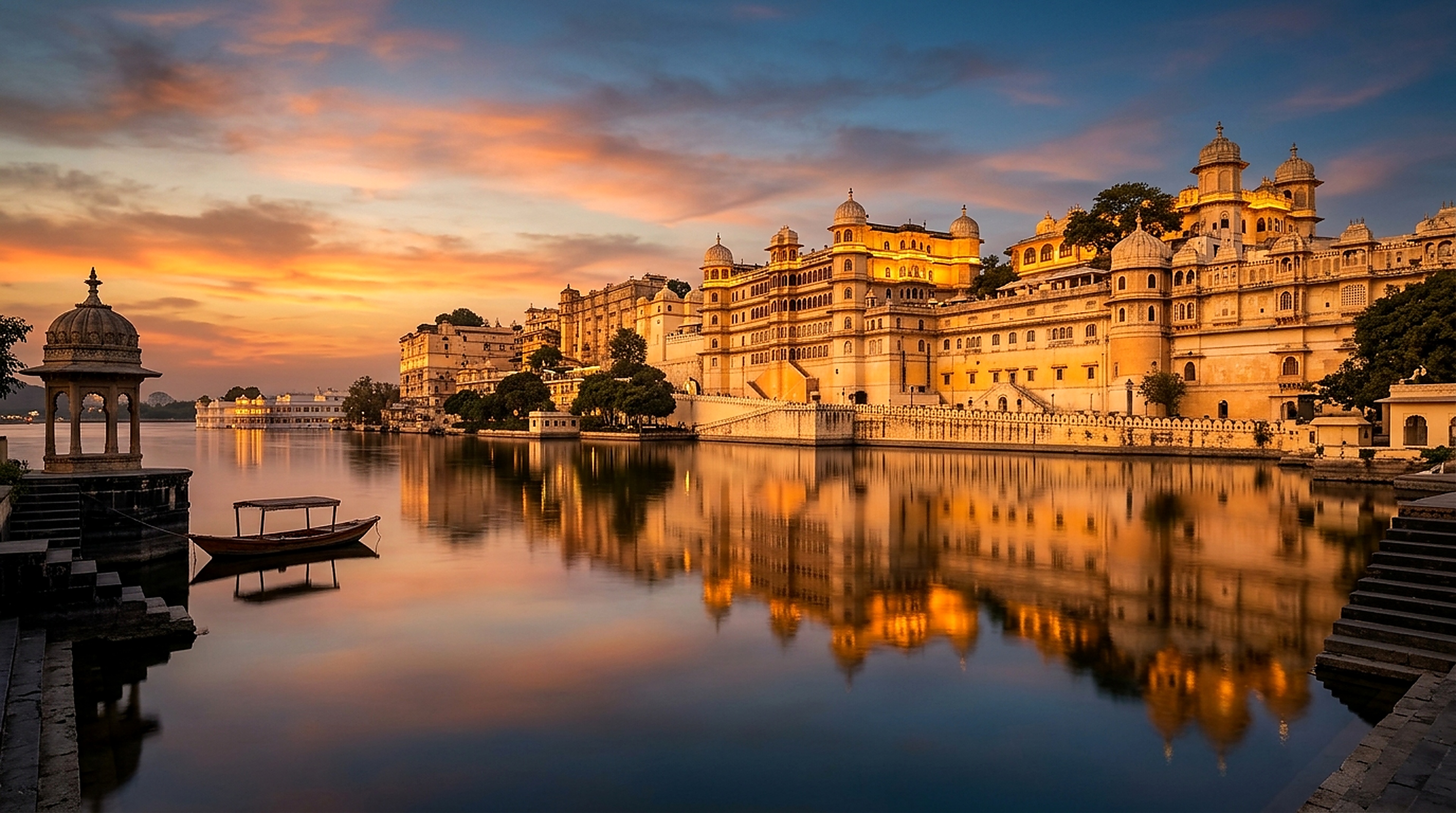 Magnificent Udaipur City Palace and heritage chhattri reflected on tranquil Lake Pichola at sunset